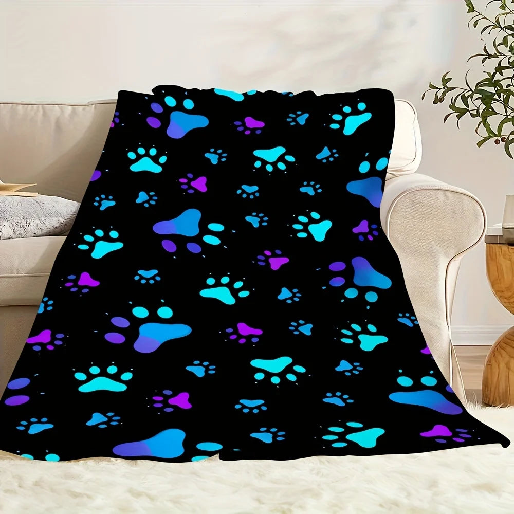 Cozy & Cute Animal Paw Print Flannel Blanket - Soft, Warm, and Perfect for Pet Lovers, Ideal for Napping, Camping, Travel