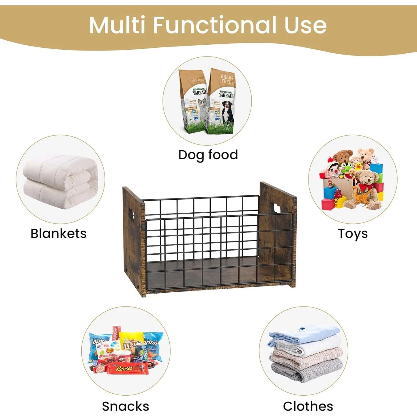 Metal & Wood Dog Toy Organizer | Heavy-Duty Basket w/ Dividers for Toys/Leash | Small Dogs & Puppy Pet Storage