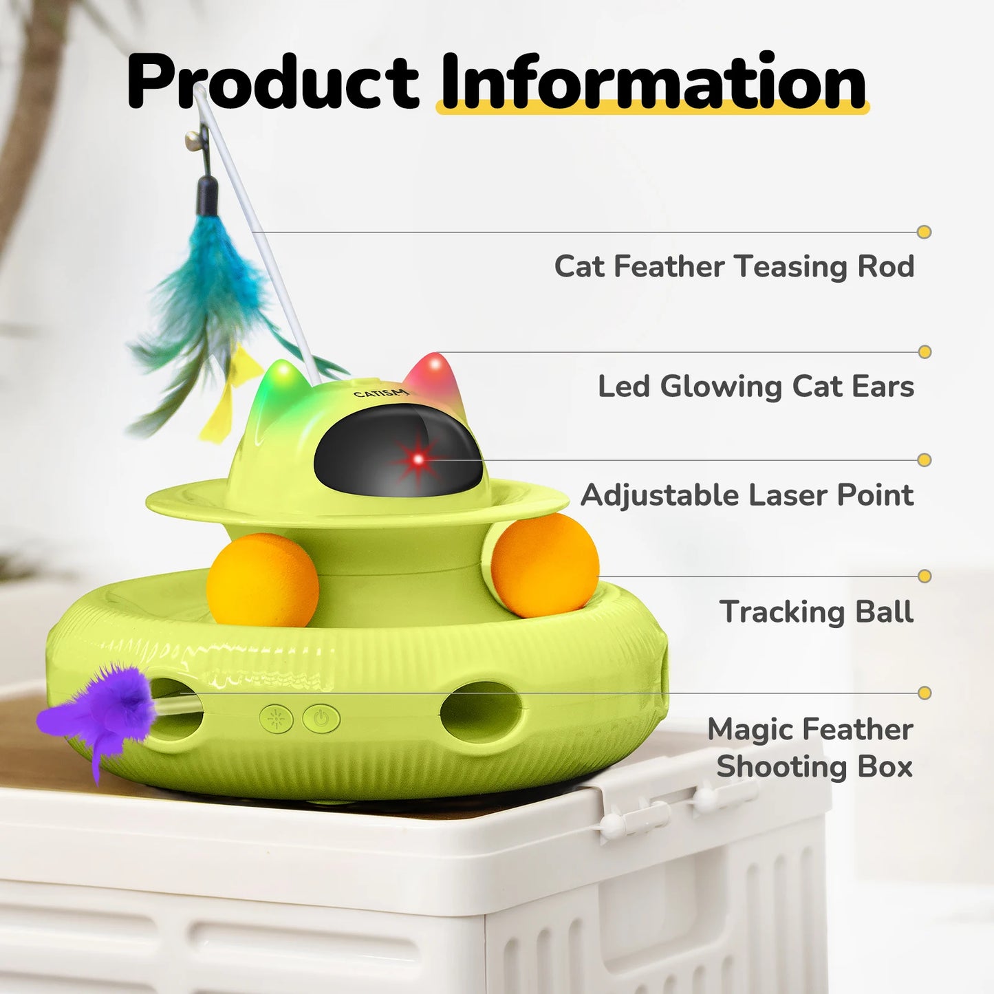 Upgraded Pet Toys Cat Toys, KM25 Magic Box Cat Teaser, Yellow-green with base feather, head butterfly, blue ball