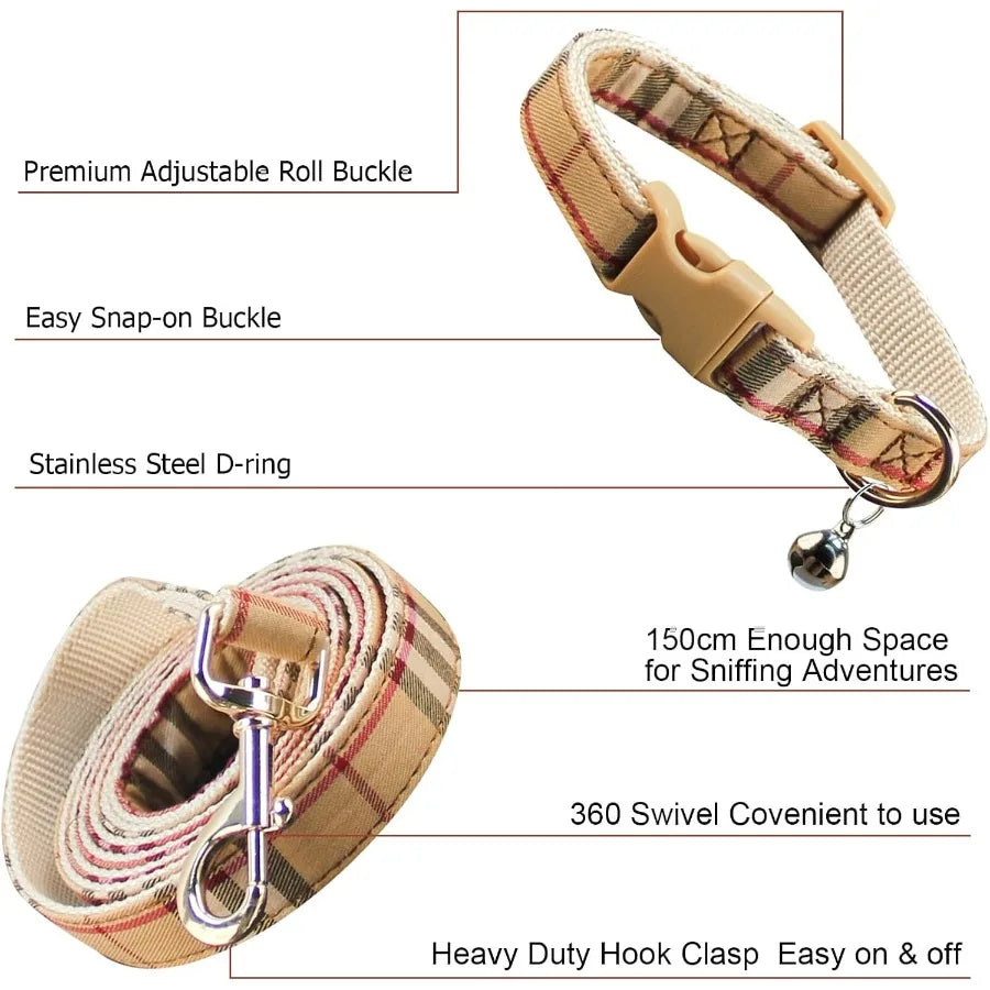 Cute Plaid Dog Collar Harness and Leash Set with Safety Buckle for Small Puppies Adjustable NoPull Design Comfortable and Durab