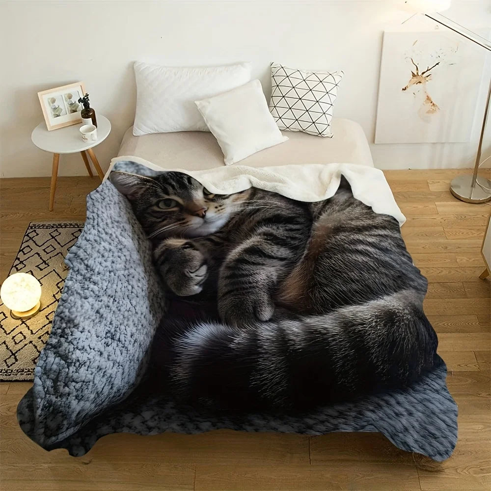1pc Soft Cozy Cat Print Flannel Blanket - Lightweight Portable All-Season Throw for Travel, Camping, Sofa & Bed, Contemporary St