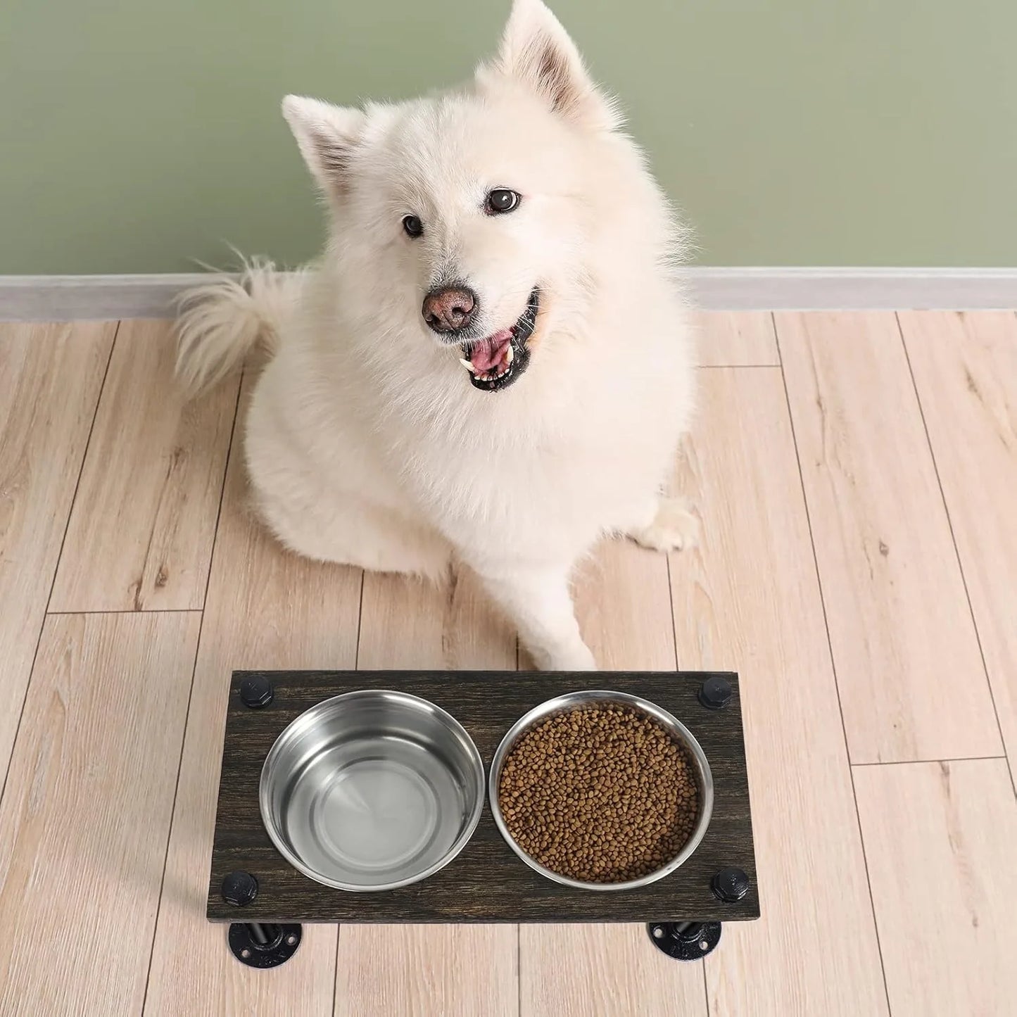 Raised Dog Bowl Stand for Large Dogs | 2 Stainless Bowls & Waterproof Wood Base | Rustic Brown & Durable