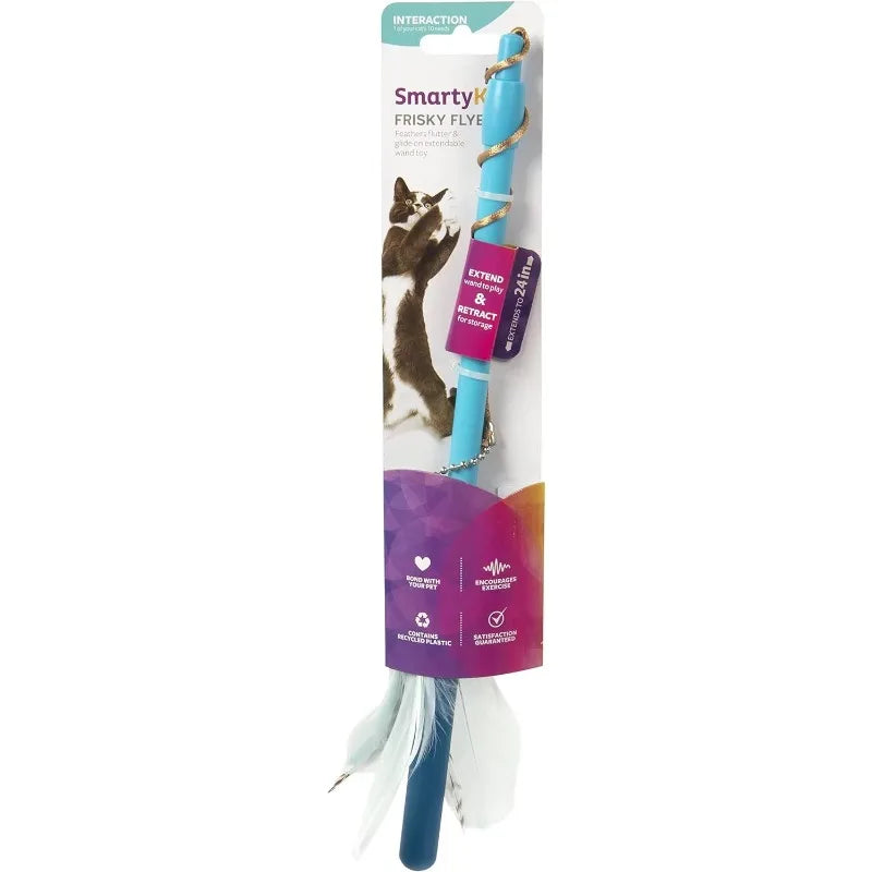 Feather Wand Cat Toy, Extendable Up to 24" - Blue, One Size