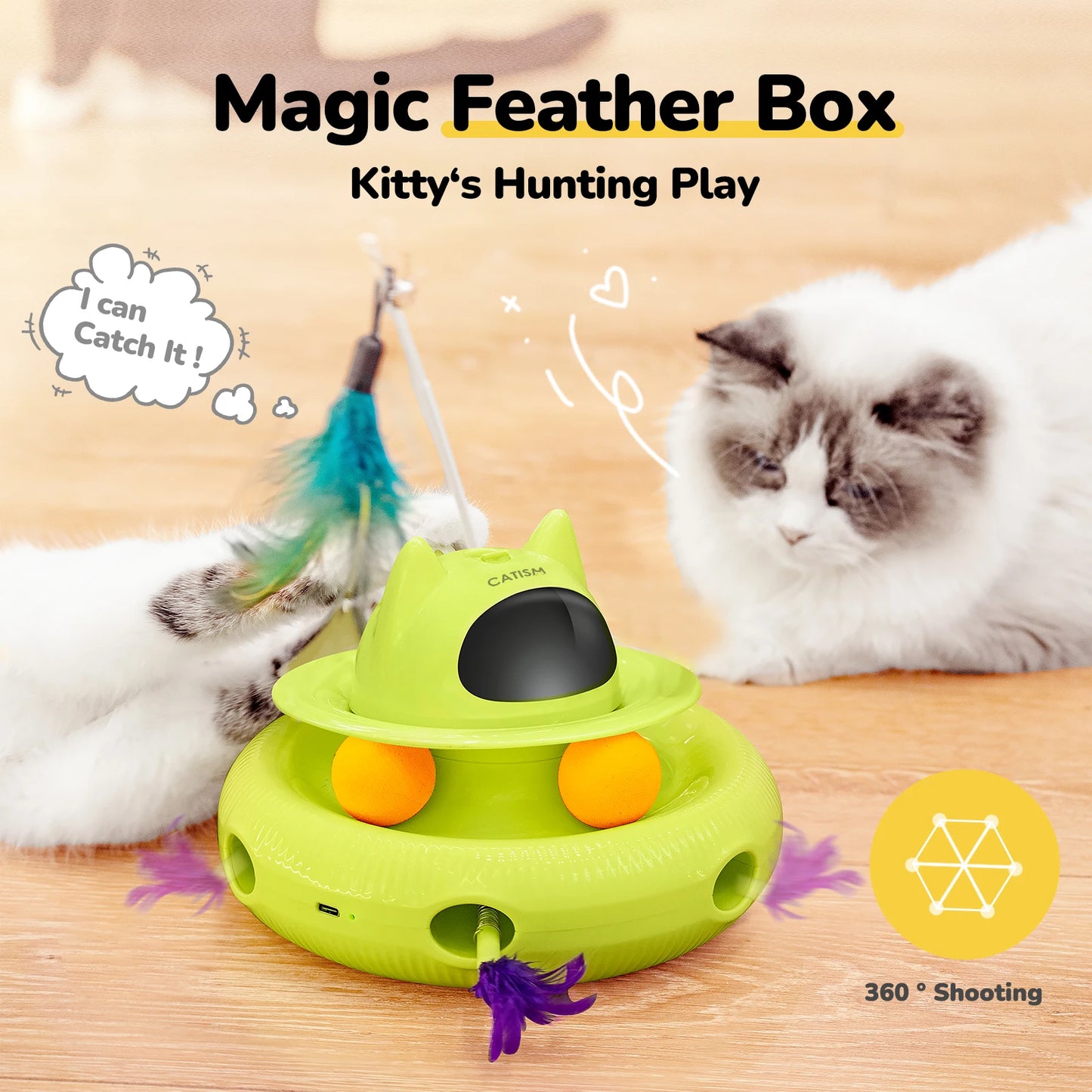 Upgraded Pet Toys Cat Toys, KM25 Magic Box Cat Teaser, Yellow-green with base feather, head butterfly, blue ball