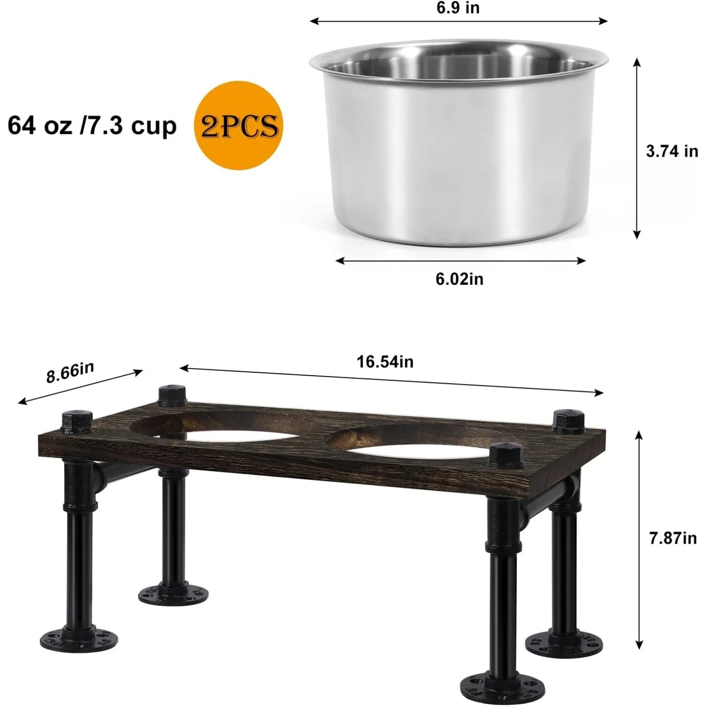 Raised Dog Bowl Stand for Large Dogs | 2 Stainless Bowls & Waterproof Wood Base | Rustic Brown & Durable