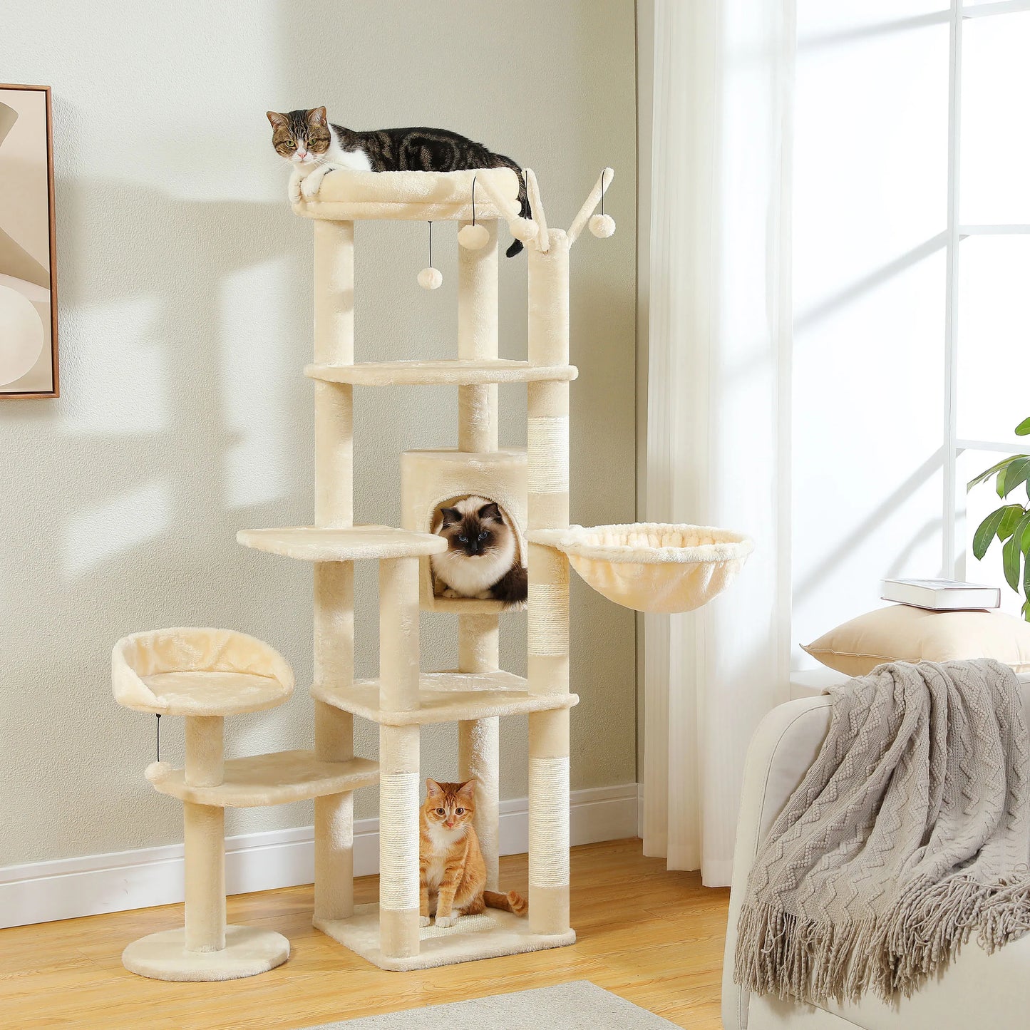 Cactus Tall Cat Tree for Large Cat Multi-Level Cat Tower for Indoor Cats Cat Condo with Large Hammock Scratching Post 2 Perches