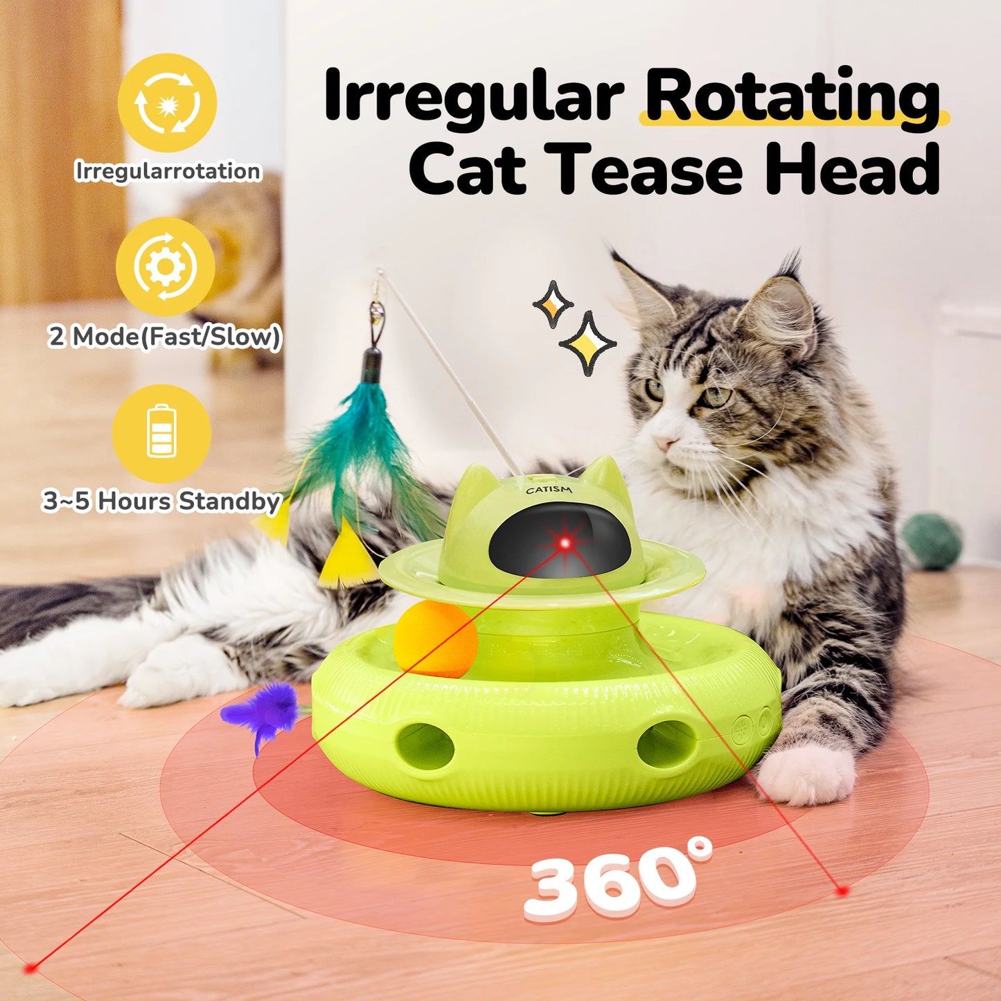 Upgraded Pet Toys Cat Toys, KM25 Magic Box Cat Teaser, Yellow-green with base feather, head butterfly, blue ball