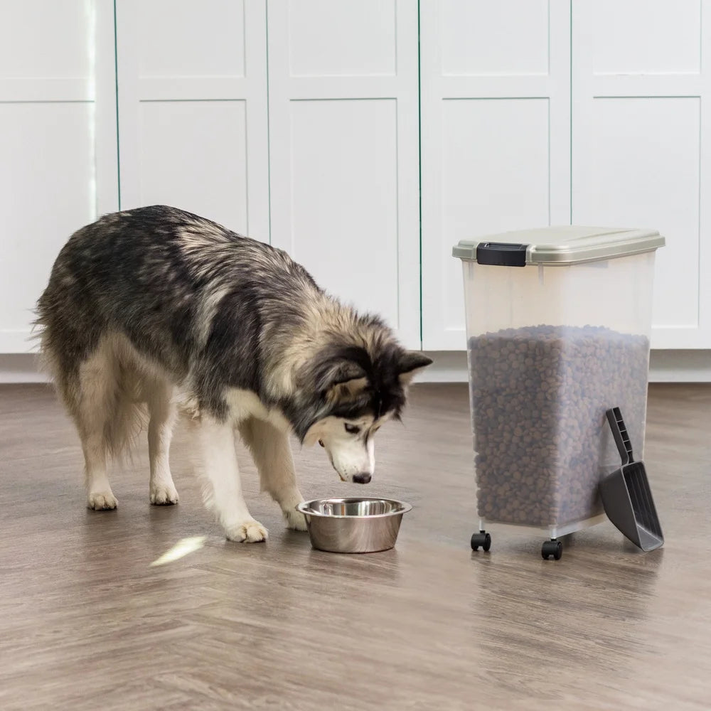 Airtight Pet Food Container 37.5L with Scoop Durable Storage Bin Dog Cat Easy Access Clear Body Wheeled Design