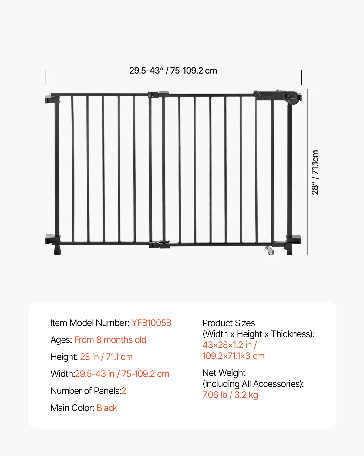 Baby Gate 29.5-43 Inches Adjustable Width 28 Inches High Dog Gate No Threshold Bar Easy Step Walk for Child Pet Security