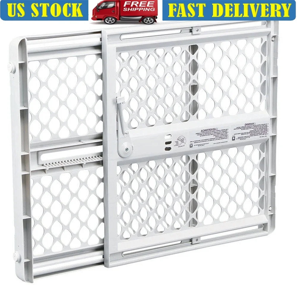 Universal Plastic Pet Gate Expandable Pressure Mount 26in to 42in 5 Ways Usage Durable Rounded Edges Safety Barrier