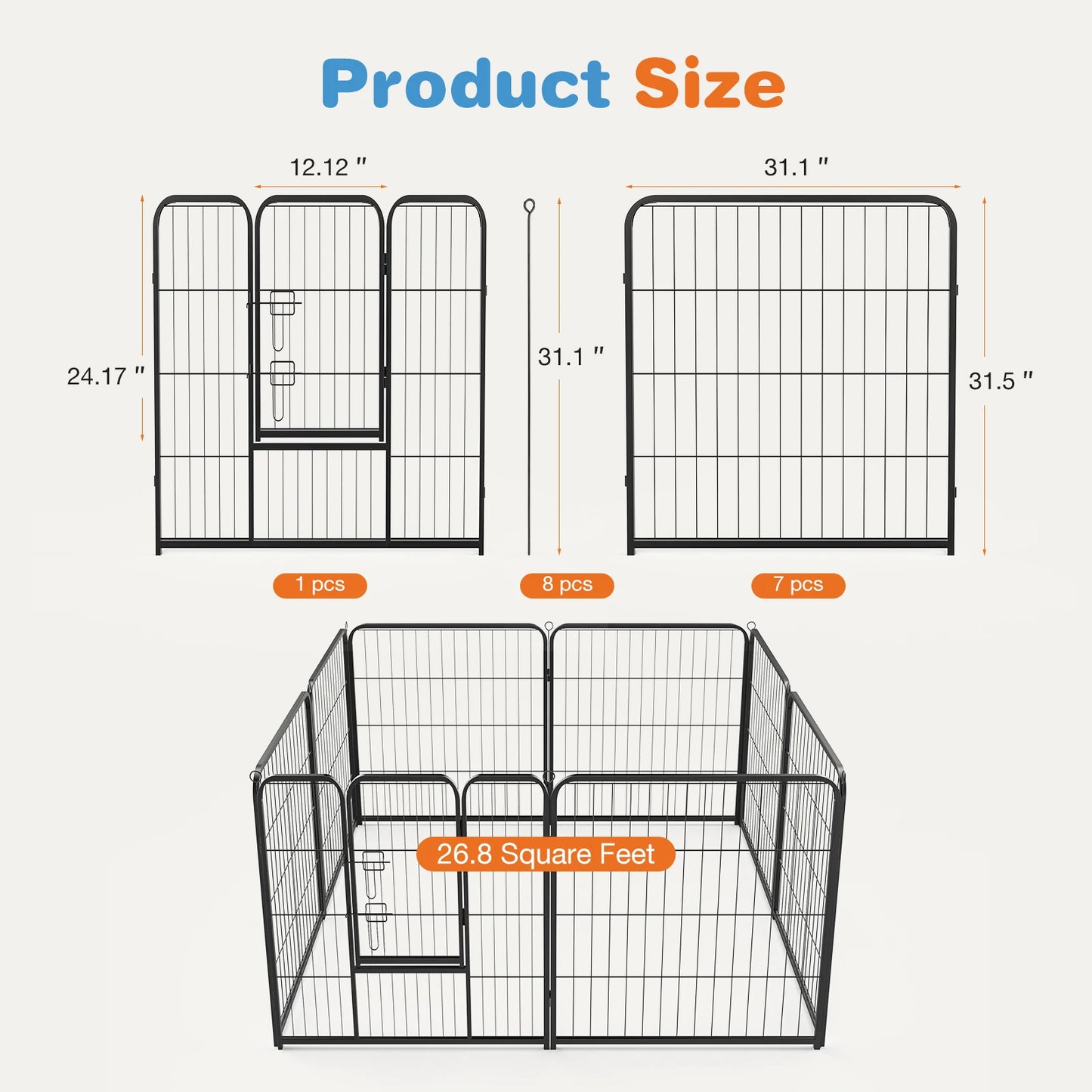 8 Panel Dog Playpen Indoor Pet Fence Exercise for Yard Gate Heavy Duty Crates with Doors Metal Dog Pen for Camping Outdoor