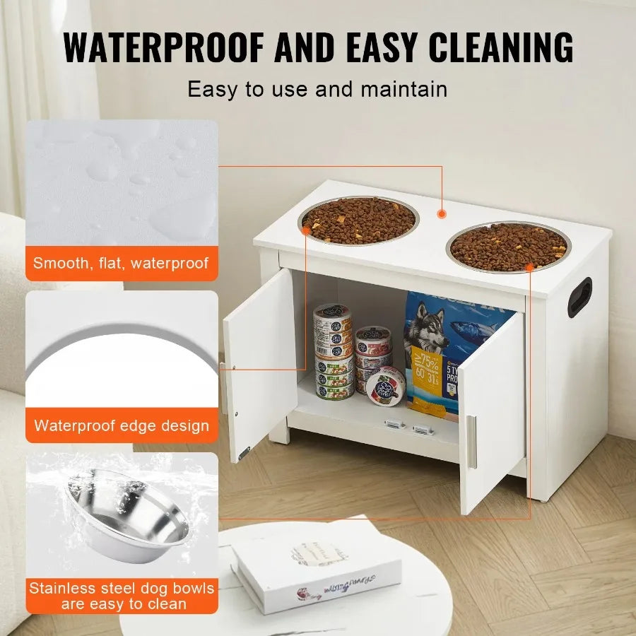 Pet Feeding Station w/ 2 Elevated Dog Bowls Dog Food and Toy Storage Cabinet