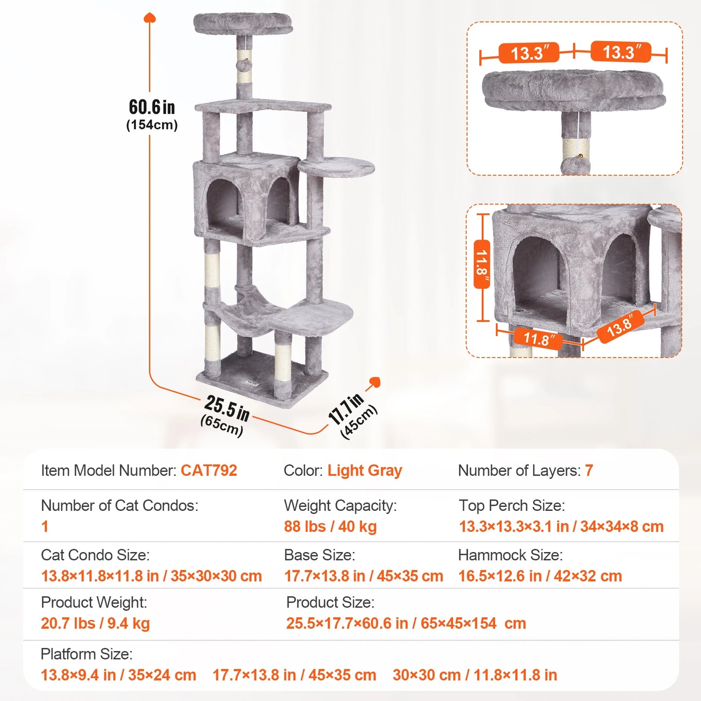 Cat Tree for Indoor Cats 45.2" Cat Tower with Cat Condo Sisal Scratching Post Hammock Top Perch Jumping Platforms Dark Grey