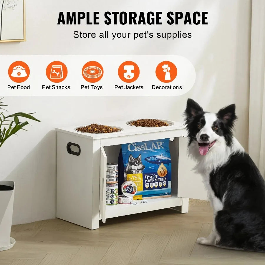 Pet Feeding Station w/ 2 Elevated Dog Bowls Dog Food and Toy Storage Cabinet