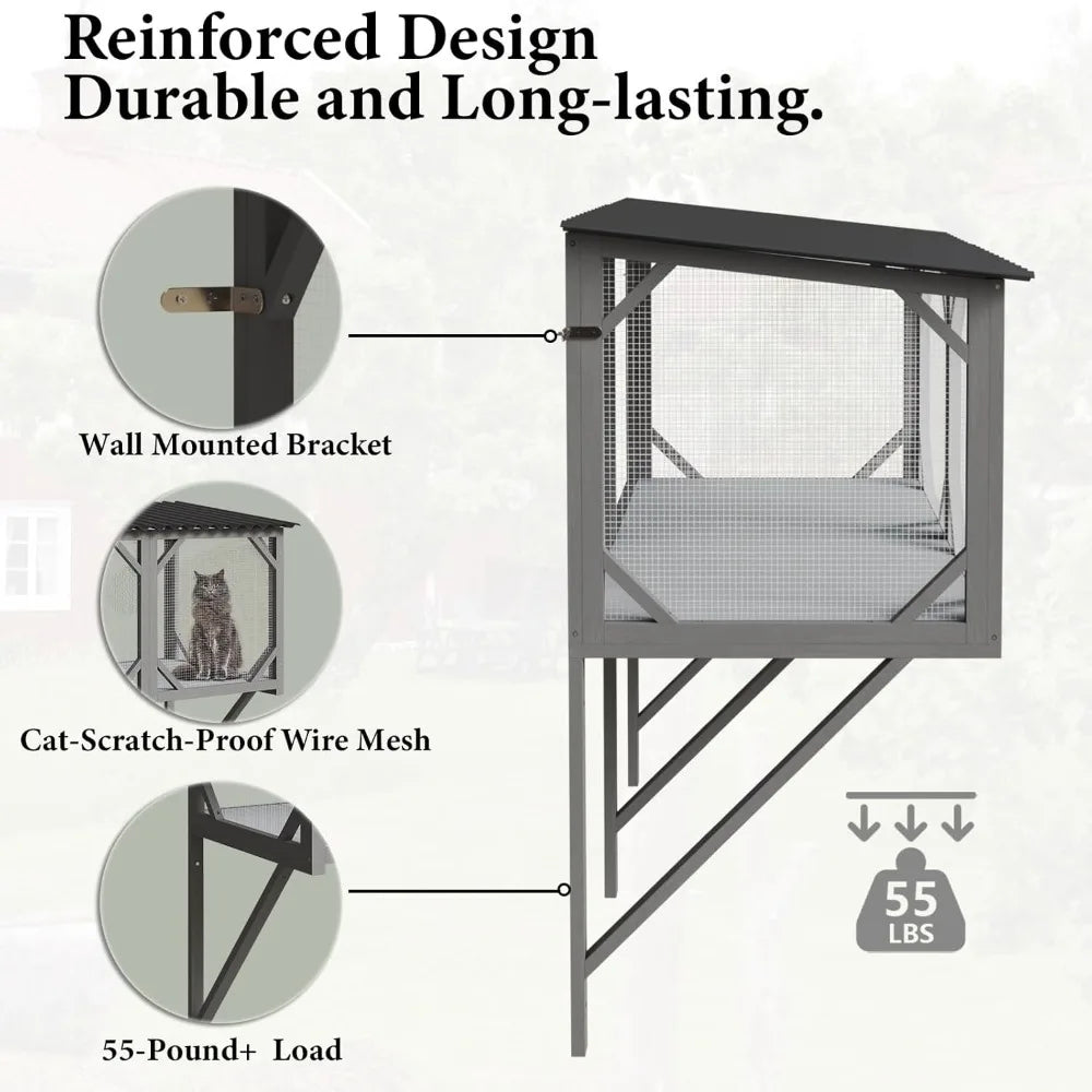 Cat Window Box, 43.3" Catio Outdoor Cat Enclosure for Sunbathing, Napping & Overlooking, Sturdy Window Perch for Large Indoor C