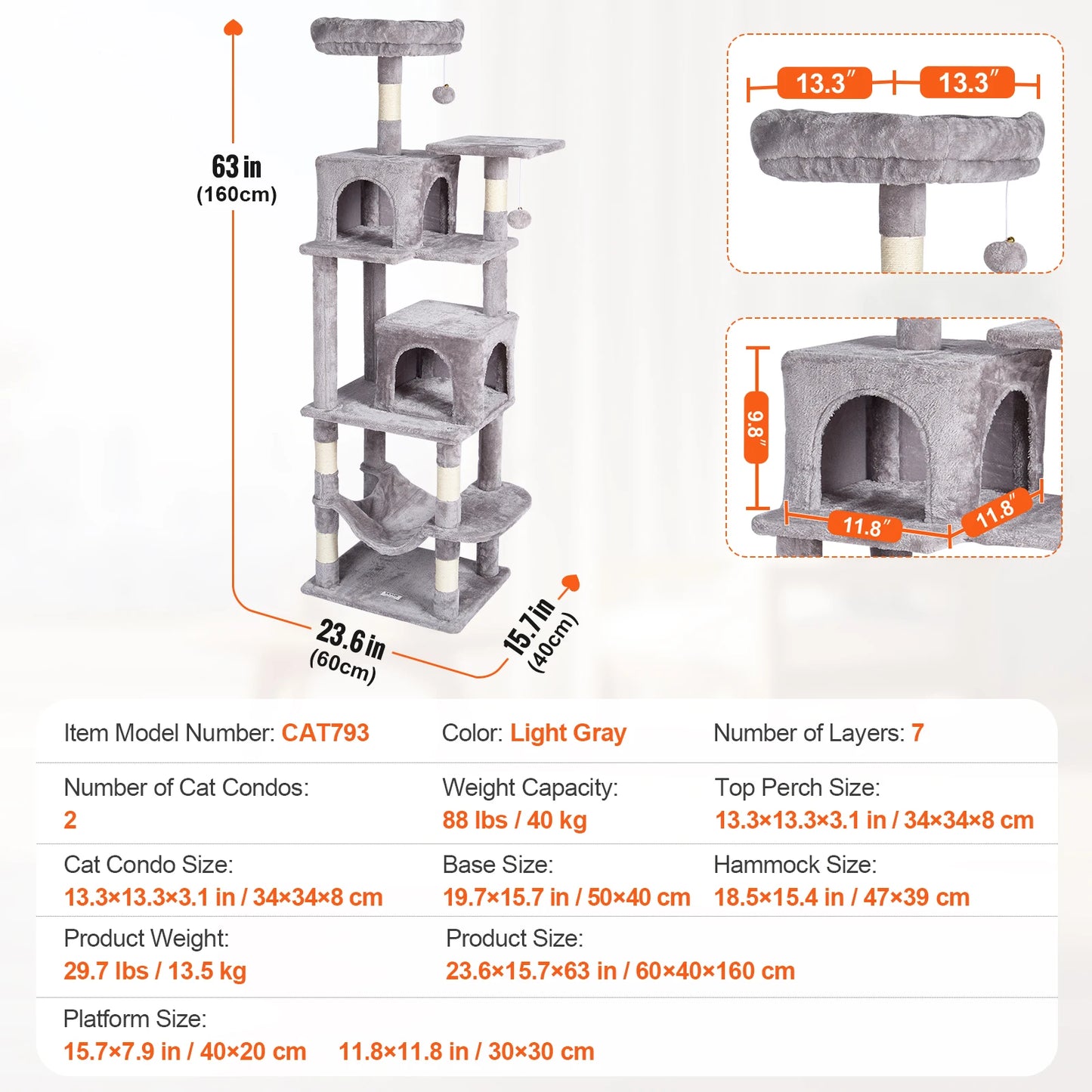 Cat Tree for Indoor Cats 45.2" Cat Tower with Cat Condo Sisal Scratching Post Hammock Top Perch Jumping Platforms Dark Grey
