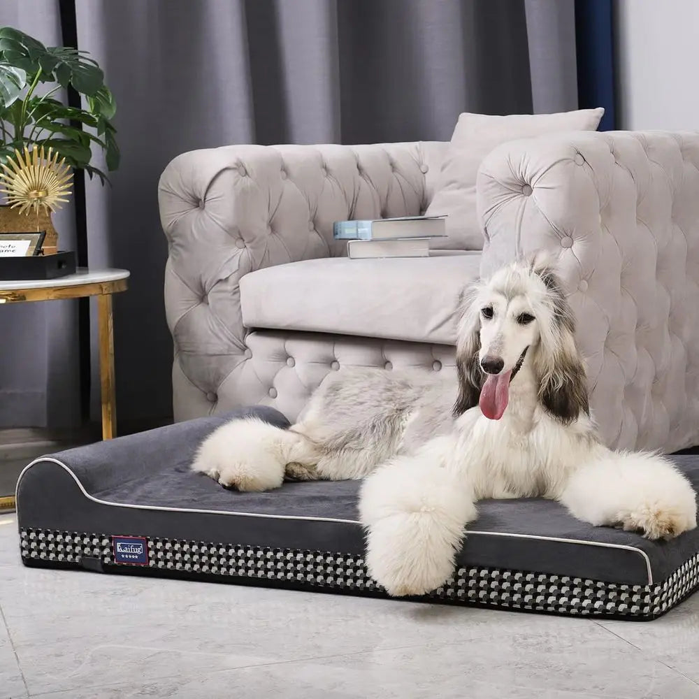 Large Orthopedic Dog Bed with Pillow, Waterproof Liner & Washable Cover, Black and White Plaid