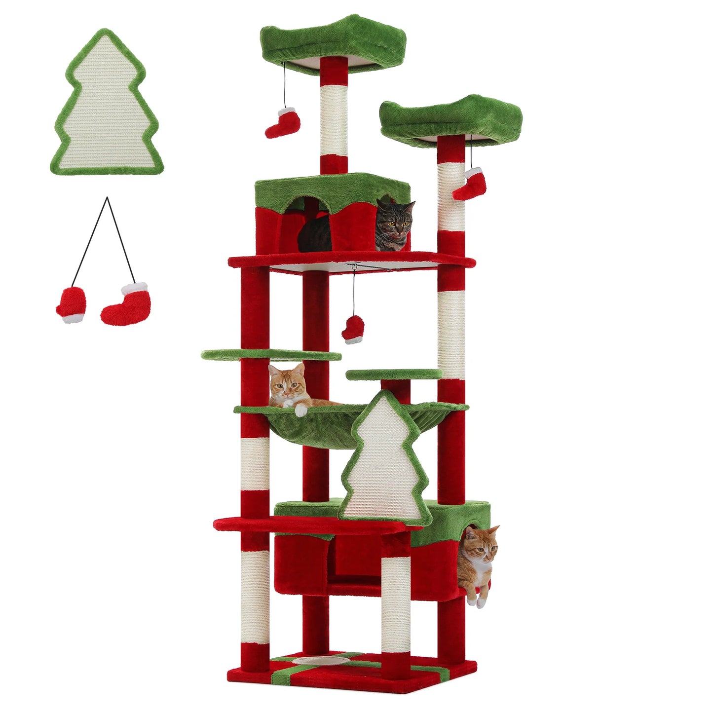 Christmas Cat Tree with Sisal Scratching Posts Spacious Condo Hammock Tall Large Cat Tower for Indoor Cat House Bed Cat Toys