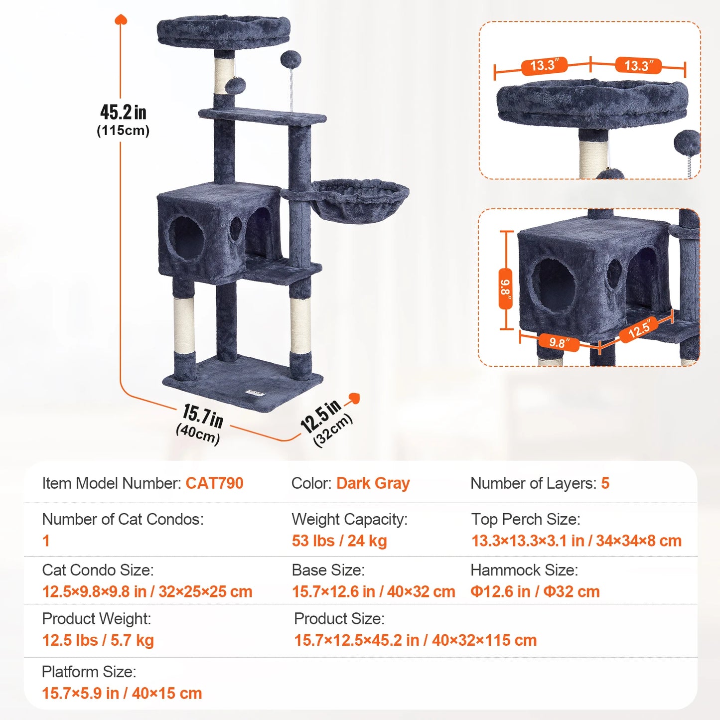 Cat Tree for Indoor Cats 45.2" Cat Tower with Cat Condo Sisal Scratching Post Hammock Top Perch Jumping Platforms Dark Grey