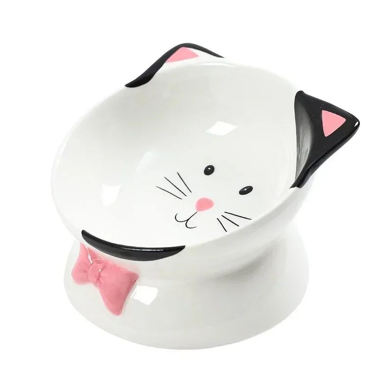 Cartoon Ceramic High Foot Cat Bowl Black and White Contrast Cat Head Large Bowl Mouth Cat Food Bowl