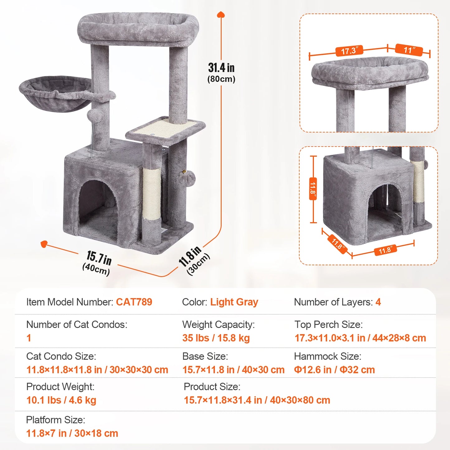 Cat Tree for Indoor Cats 45.2" Cat Tower with Cat Condo Sisal Scratching Post Hammock Top Perch Jumping Platforms Dark Grey