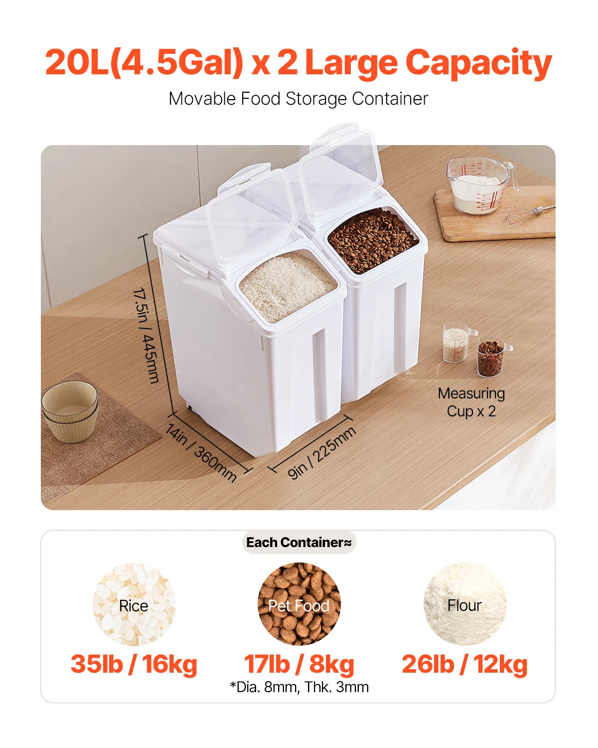 4.5Gallon x2 Rice Storage Container Dog Food Dispenser Bin, Kitchen Ingredient Grain Cereal Flour Bin Pet food Containers