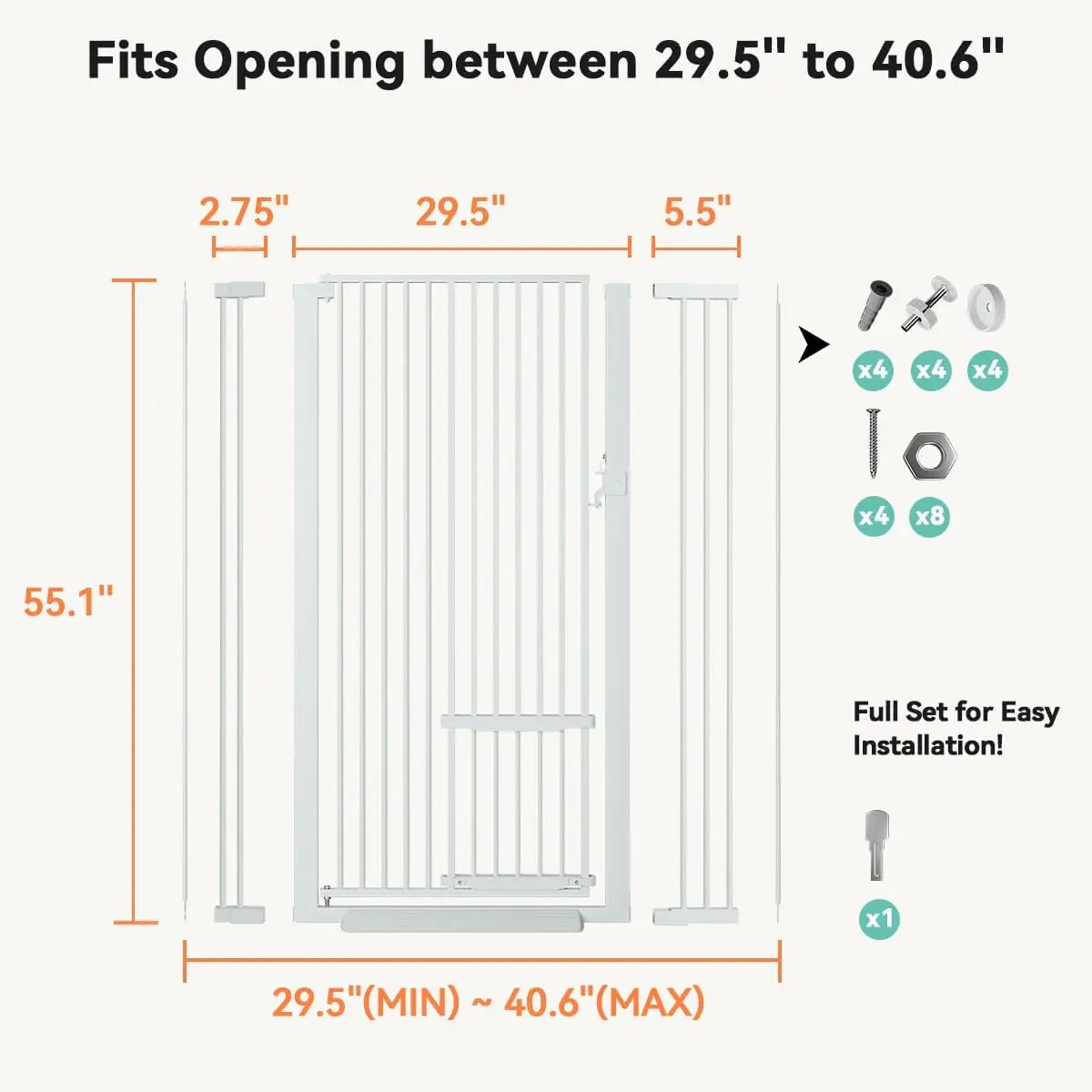 55.1" Extra Tall & Wide Pet Gate for Cats, 29.5-40.6" Adjustable with Door, Pressure Mounted Easy Walk Through Gate for Stairs