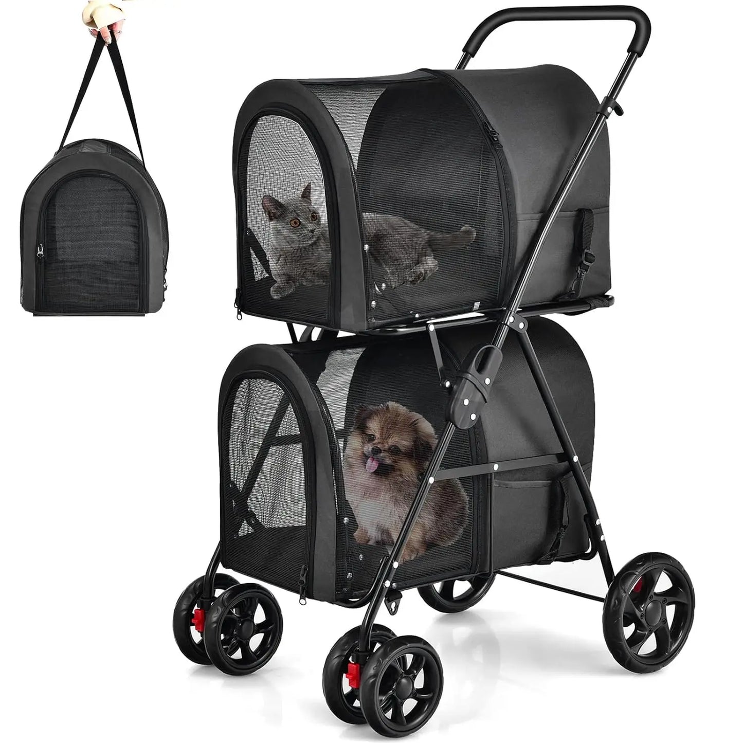 Double Pet Stroller with 2 Removable Carrying Bags, Safety Strap, 4 Lockable Wheels, Foldable Cat and Dog Stroller