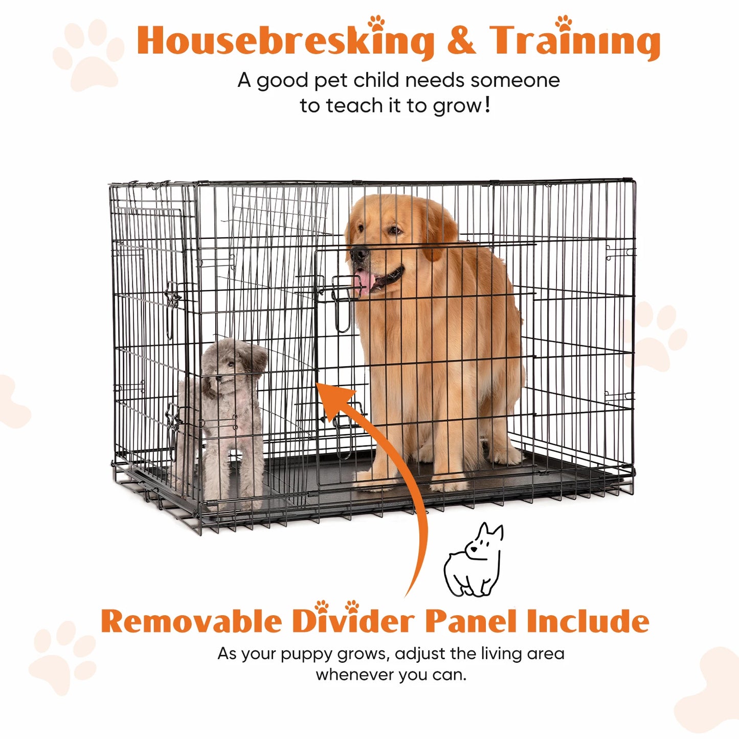 Double Door Folding Metal Wire Dog Cage with Plastic Leak-Proof Pan Tray Extra Large Pet Kennel for Indoor Outdoor Travel