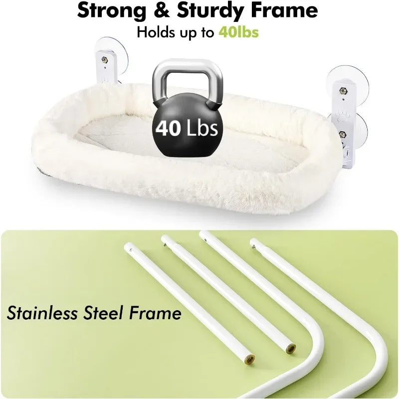 Cordless Cat Window Perch, Cat Hammock for Window with 4 Strong Suction Cups, Solid Metal Frame and Soft Cover