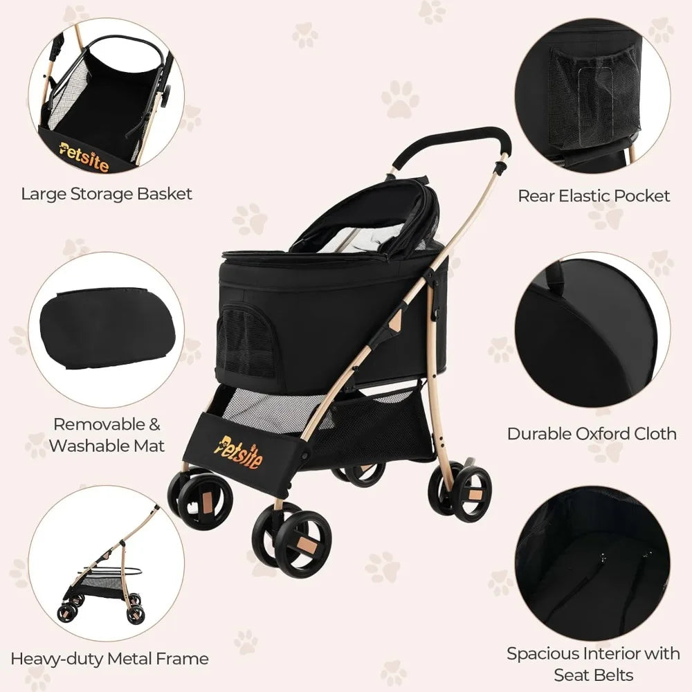 3-in-1 Pet Stroller, Portable Folding Dog Cat Stroller with Removable Car Seat Carrier, Adjustable Canopy, Zippered Mesh