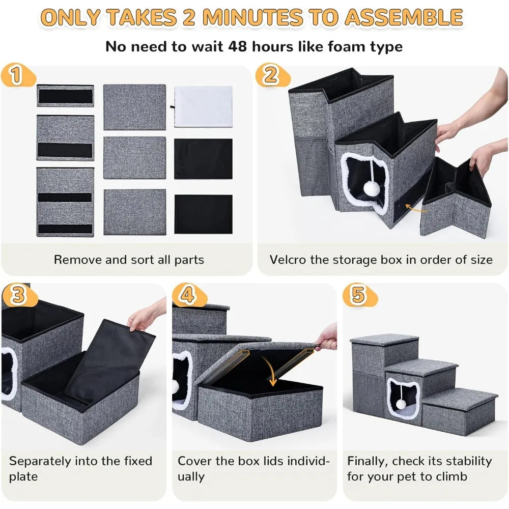 Bilibrara Dog Stairs for Small Dogs, Foldable Pet Steps for High Bed, Non-Slip 3-Step Cat Stairs with Storage, Condo and Fluffy