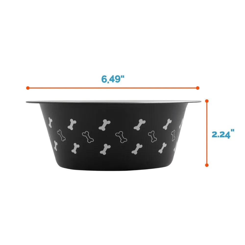Medium Stainless Steel Dog Bowl, Black with Bones, 25.75 Fluid Ounces