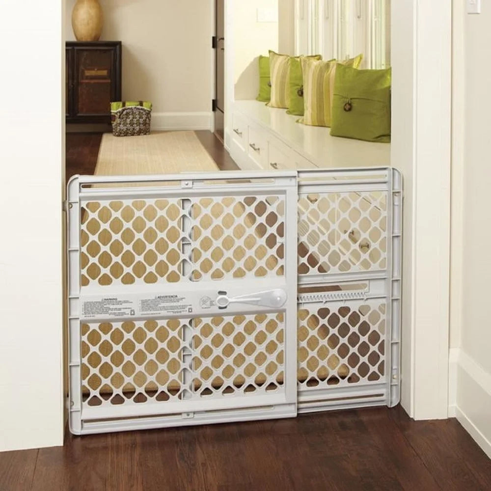 Universal Plastic Pet Gate Expandable Pressure Mount 26in to 42in 5 Ways Usage Durable Rounded Edges Safety Barrier