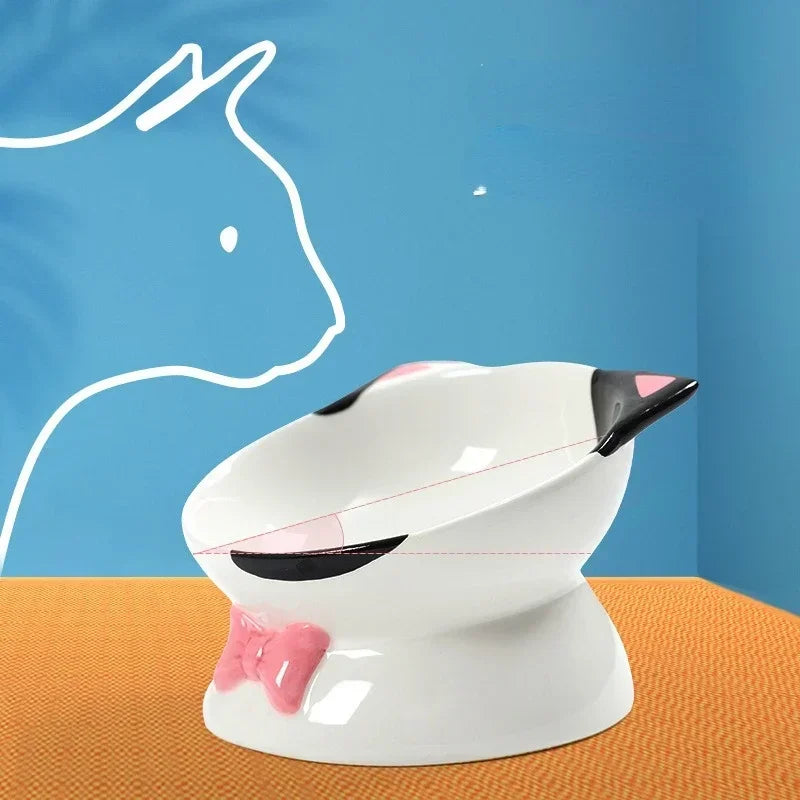 Cartoon Ceramic High Foot Cat Bowl Black and White Contrast Cat Head Large Bowl Mouth Cat Food Bowl