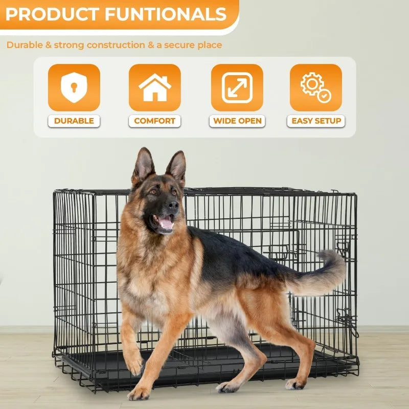 Large Dog Crate Kennel for Medium Large Dogs Metal Dog Cage Double-Door Folding Travel Indoor Outdoor Puppy