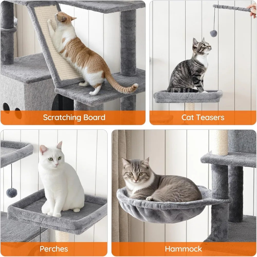 Double Litter Box Enclosure with Cat Tree, 45.3"L x 17.7"W x 68.9"H All-in-One Modern Cat Tower with Cat Bed, Hidden Litter Box