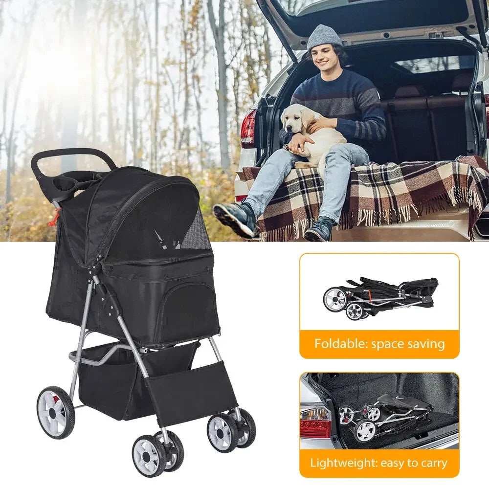 Dog Stroller Pet Travel Carriage Safe 4 Wheeler with Foldable Carrier Cart