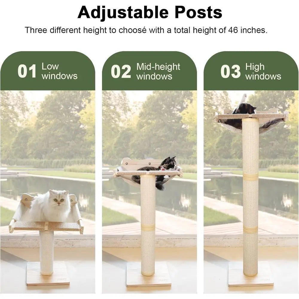 Enhanced Cat Window Scratching Tower, 47.3 Adjustable Post with Suction Cup, Multi-Level Perch for Play, Bird Watching, Supports