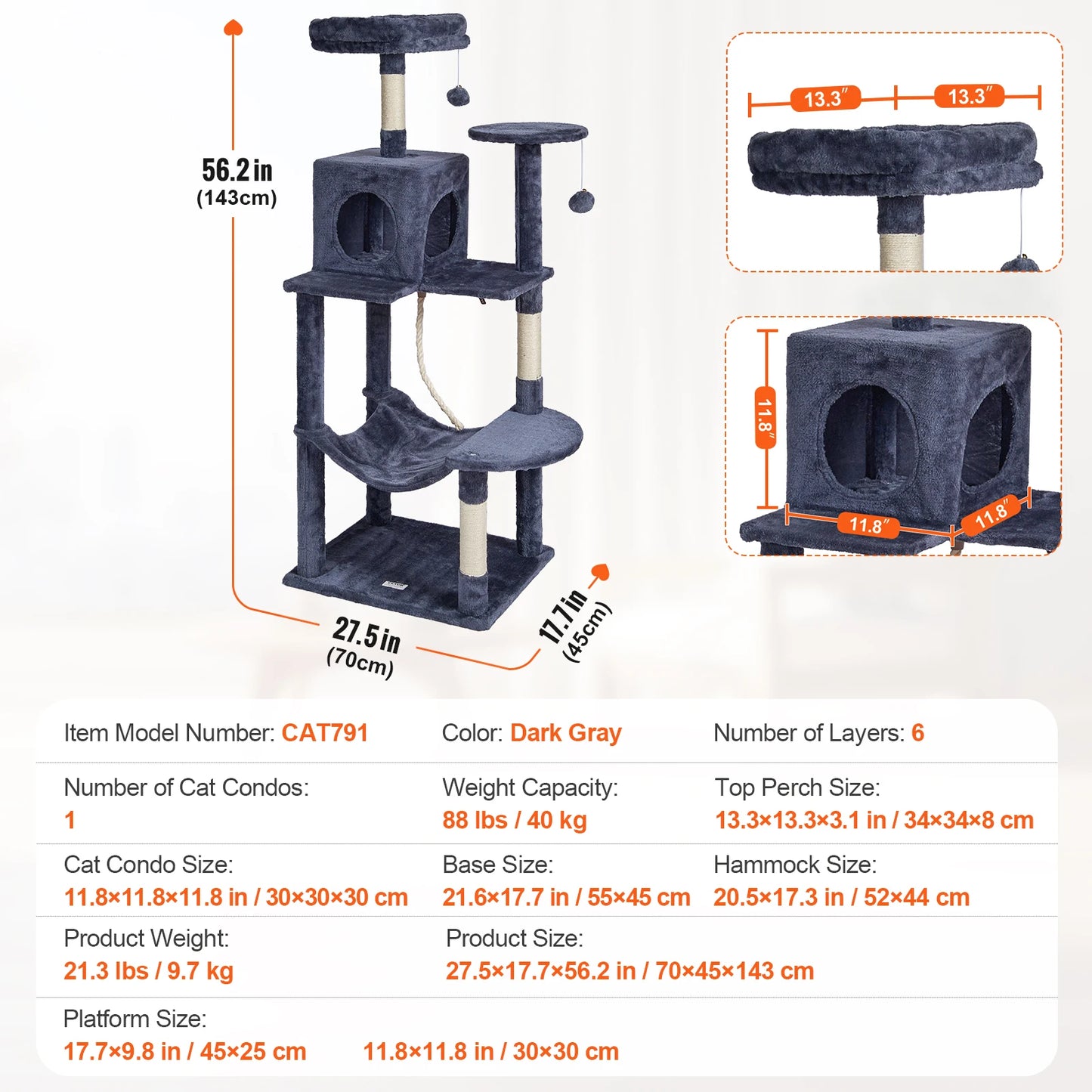 Cat Tree for Indoor Cats 45.2" Cat Tower with Cat Condo Sisal Scratching Post Hammock Top Perch Jumping Platforms Dark Grey