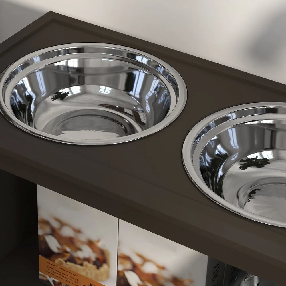 Dog Food Storage Cabinet with Elevated Feeding Station and Removable Stainless Steel Bowls Large Dogs Espresso