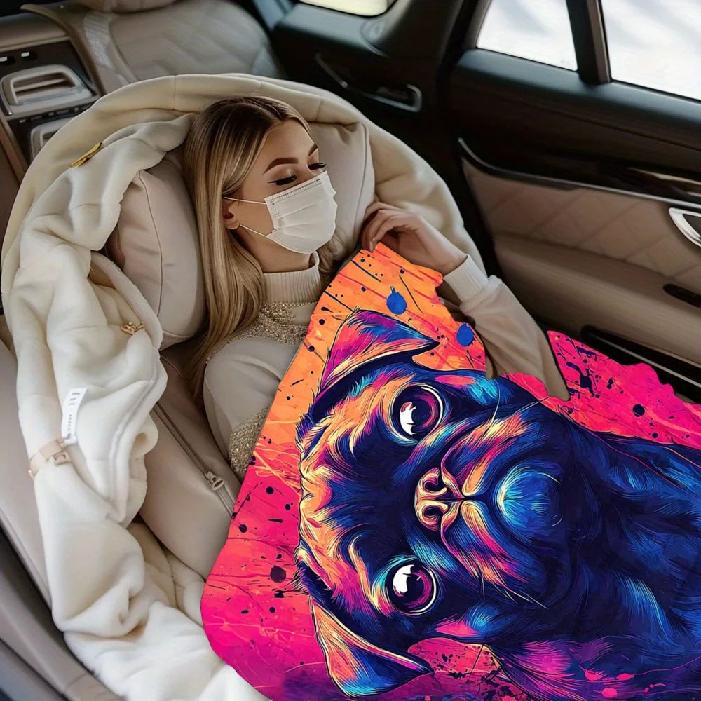 1pc Black Pug Dog Print Flannel Throw Blanket - Soft Cozy All-Season Neon Pug Art with Pink/Purple/Blue/Pink/Pink/Purple/Pink/Pi