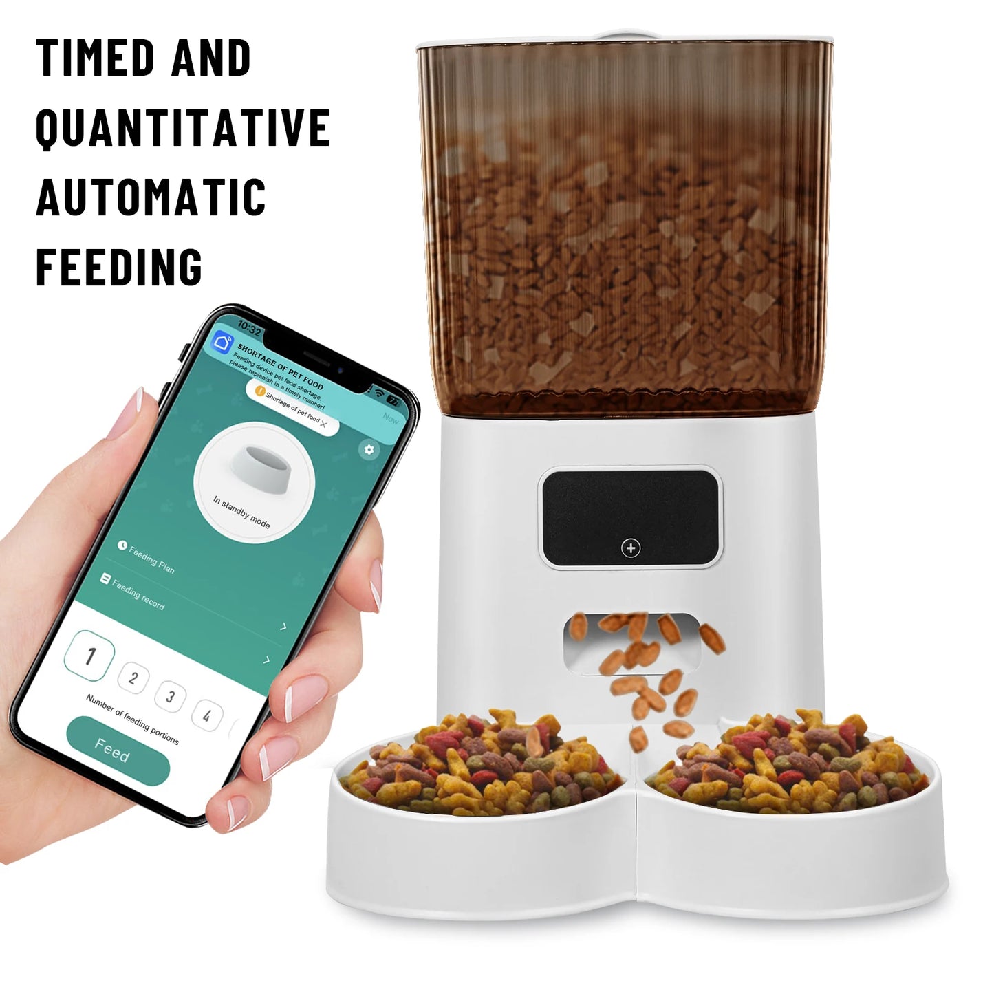 Pet Feeder with Dual Bowls, WiFi APP Remote Control Cat Food Dispenser, Timed Quantitative Battery & USB Power Supply Dog Feeder