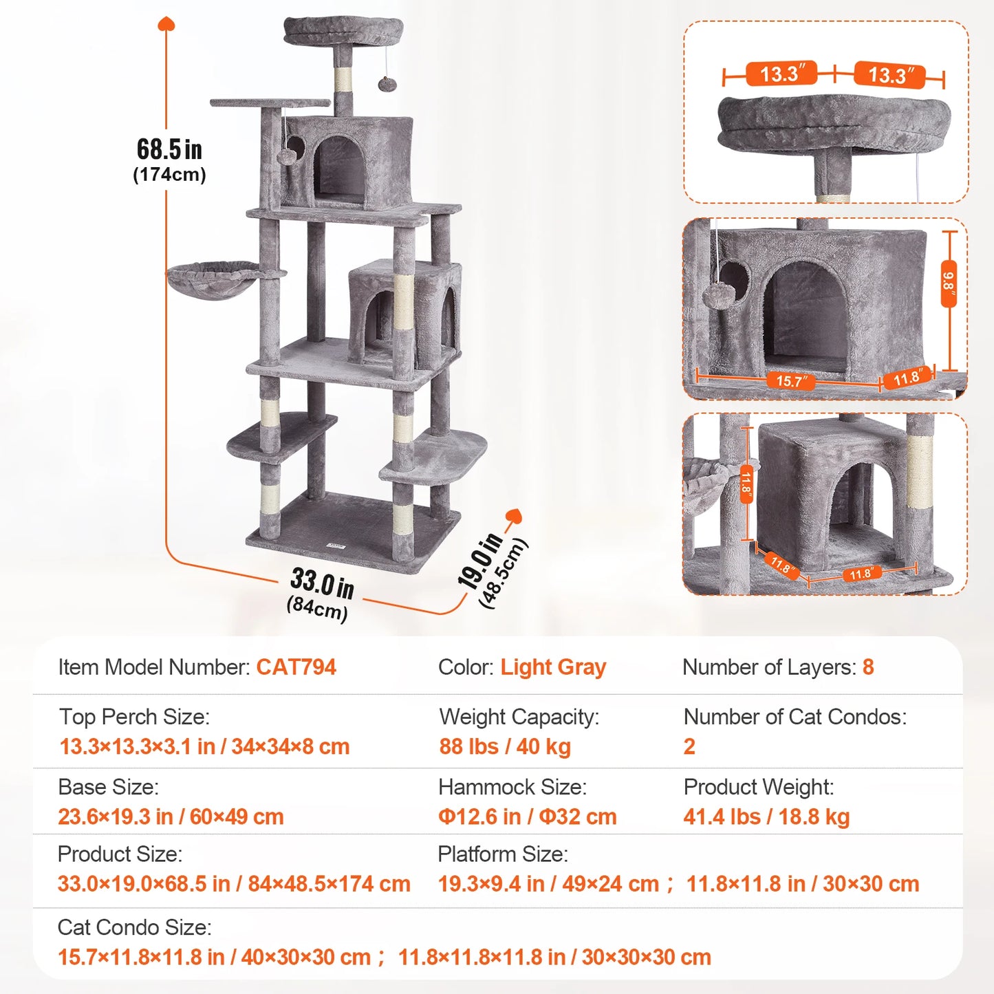 Cat Tree for Indoor Cats 45.2" Cat Tower with Cat Condo Sisal Scratching Post Hammock Top Perch Jumping Platforms Dark Grey