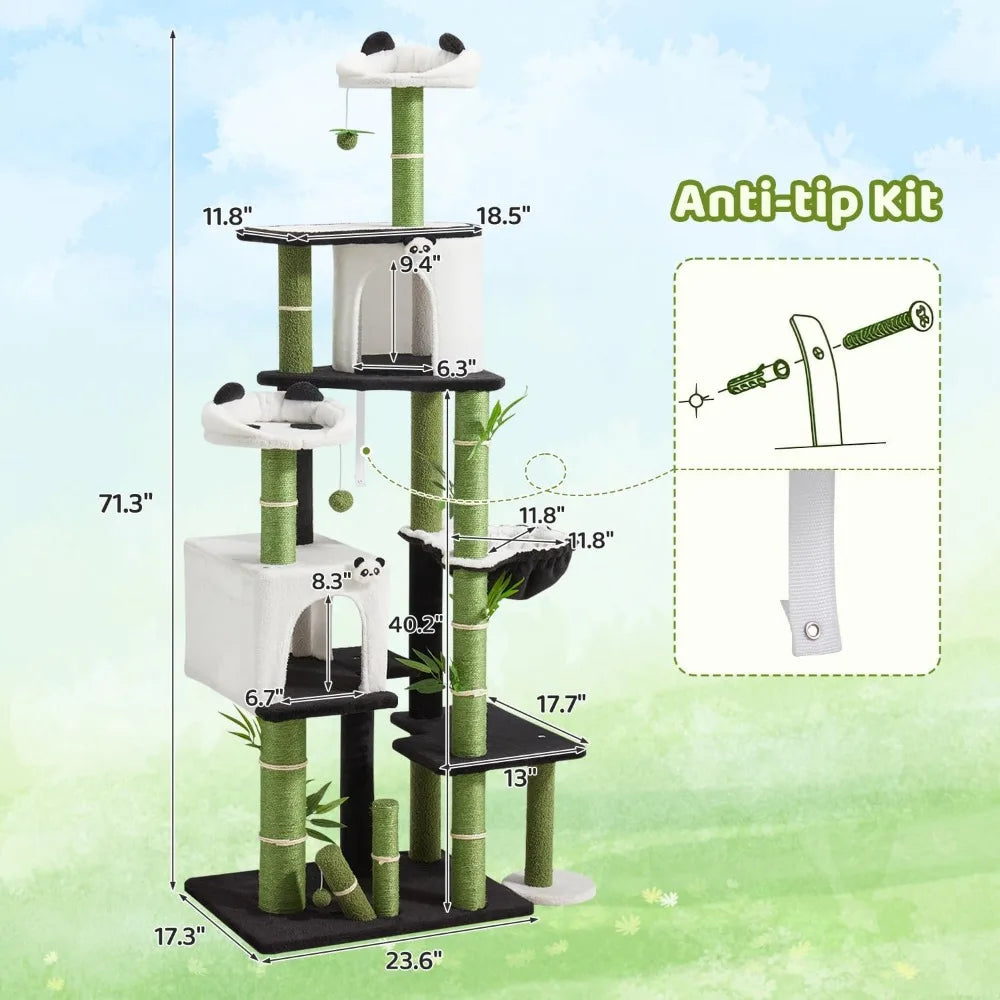 Indoor Cat Tower 71.3 Inches High with Panda Design, Spacious Kitty Condo and Sisal Scratching Posts for Cats