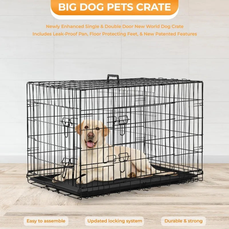 Large Dog Crate Kennel for Medium Large Dogs Metal Dog Cage Double-Door Folding Travel Indoor Outdoor Puppy