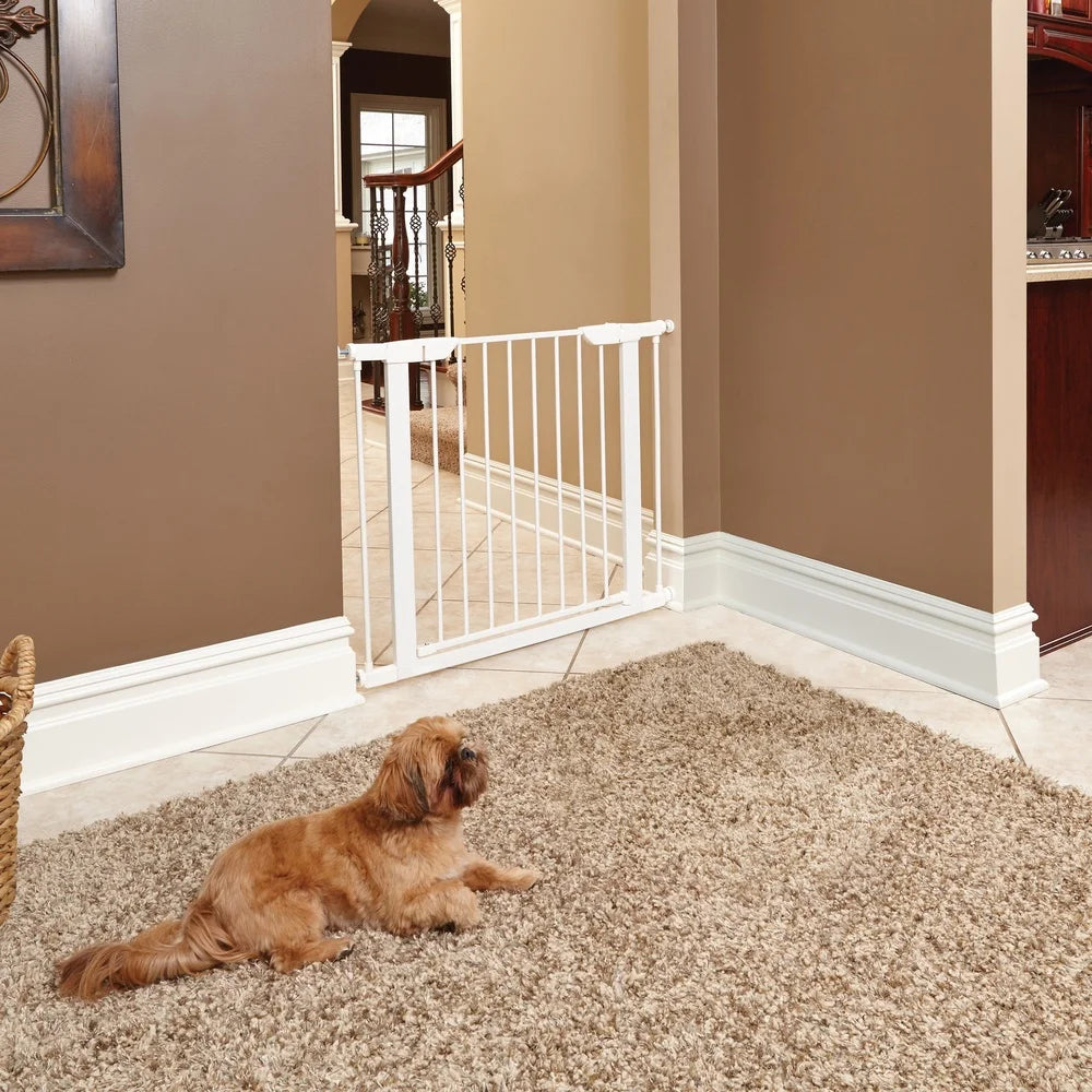 Walk-Through Steel Pet Gate Pressure Mounted Expandable Dog Gate Durable Secure Spring-Loaded Latch Easy One-Handed Operation