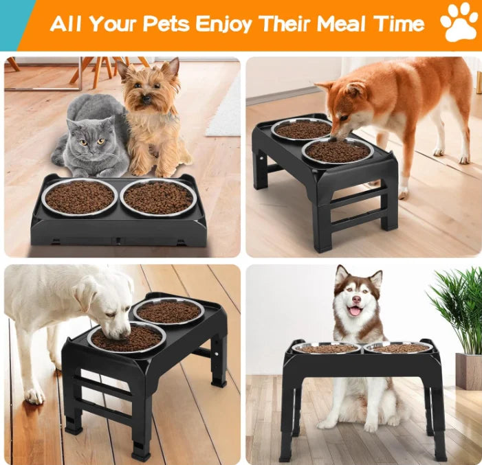 2 Thick 50oz Stainless Steel Food Bowls 4 Height Adjustable Raised Bowl Foldable Pet Rack Dog Food Bowl Feeding Black