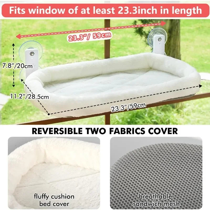 Cordless Cat Window Perch, Cat Hammock for Window with 4 Strong Suction Cups, Solid Metal Frame and Soft Cover