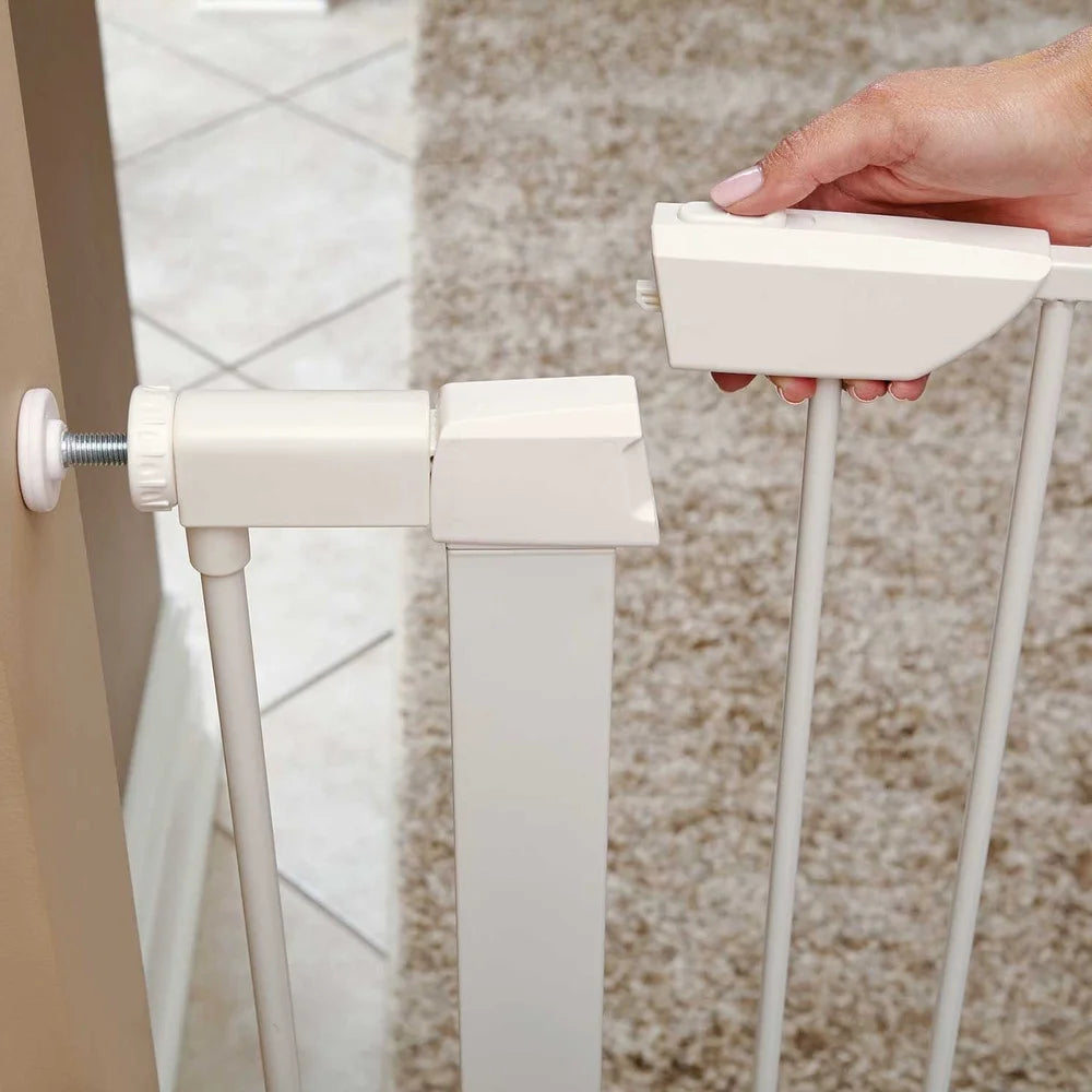 Walk-Through Steel Pet Gate Pressure Mounted Expandable Dog Gate Durable Secure Spring-Loaded Latch Easy One-Handed Operation